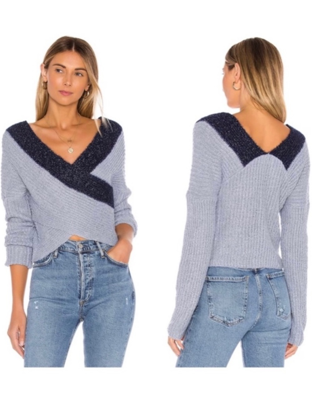 superdown Light blue Off-the-Shoulder Knit Sweater with Navy Band